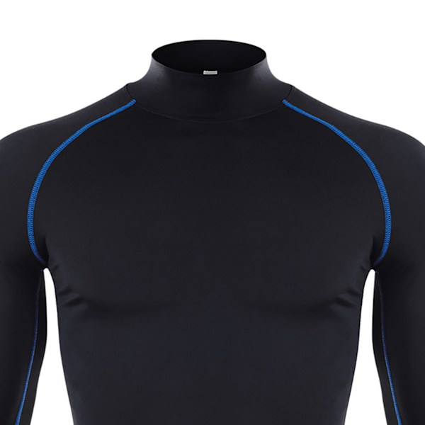 Hög Elastisk Kompressions T-shirt med Långa Ärmar för Män Sport Topp för Atletisk Träningströja Svart och Blå Linjer M