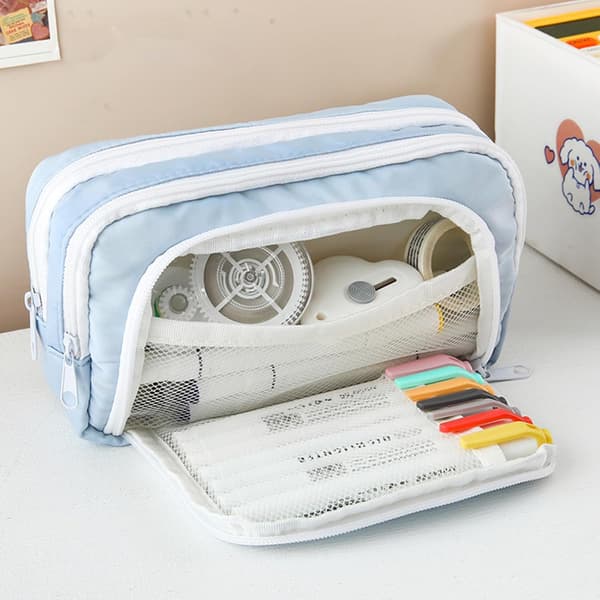 Pencil Case, Stor Kapacitet Pencil Case, 3 Rum Pencil Case, Til Papirvarer, Makeup, Til Børn, Studerende, Blå