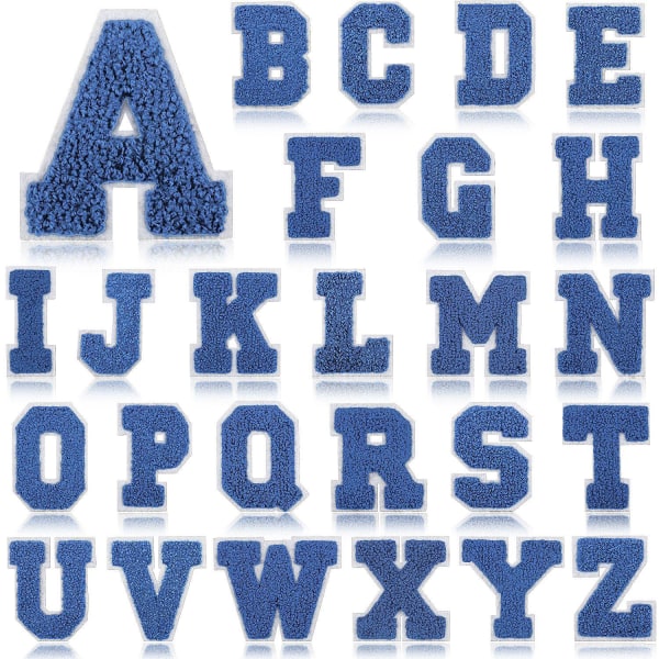 26 stykker påstrykningsbroderte mørkeblå alfabetmerker for å sy merker på klær, ryggsekker, jeans, hatter og for reparasjon og dekorering