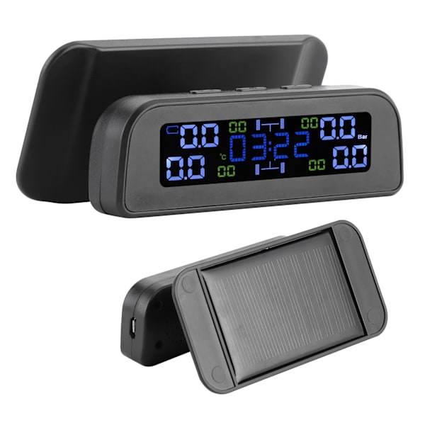 Solcellsdriven Däcktrycksövervakningssystem LCD-display Bil TPMS med Extern Sensor Klocka Design