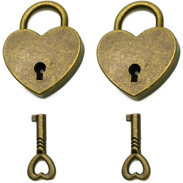 Set med 2 mini（45*59*8mm） antikt archaize-hänglås i antik vintage med nyckel, mini antikt bronshänglås (hjärta)