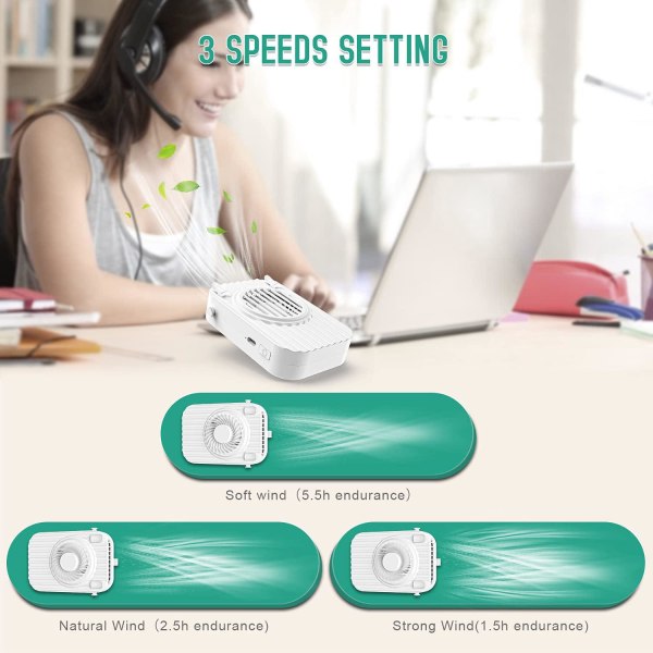 Mini portabel USB fläkt, dubbelkylning, uppladdningsbar personlig halsfläkt med 3 justerbara hastigheter för kontor, camping, resor, grönt