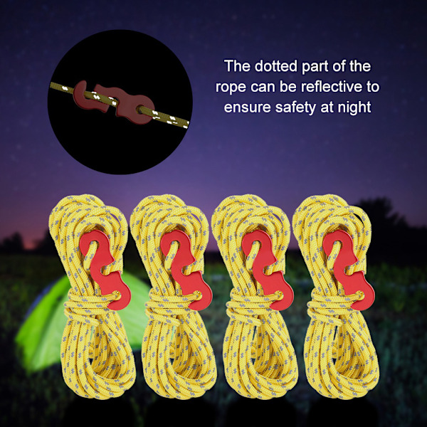 4 stk Sett Reflekstelt Vindtau Camping String Guy Line med S Ring Spenne Krok (Gul)