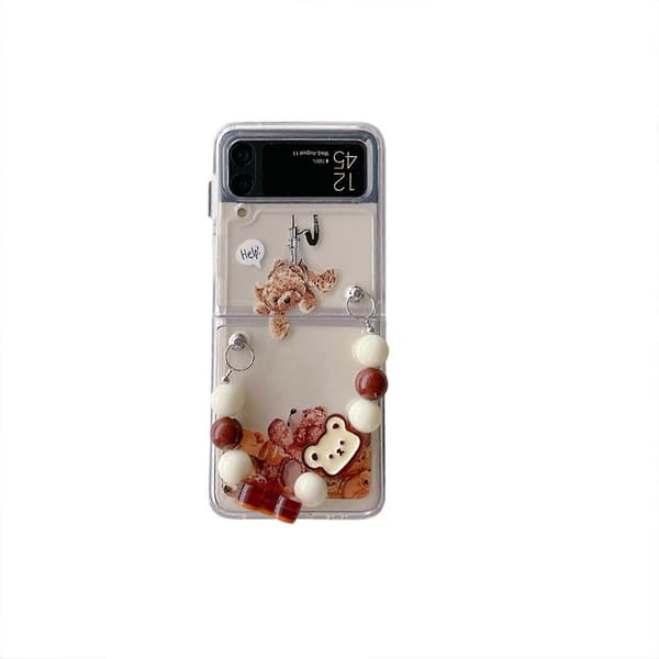 Transparent Case with Hand Strap Compatible with Samsung Galaxy Z Flip 4, Cute Bear Hard PC Protective Case