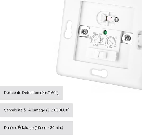 Innendørs bevegelsessensor, innfelt veggmontering, egnet for LED, infrarød sensor, programmerbar, 9m/160° rekkevidde