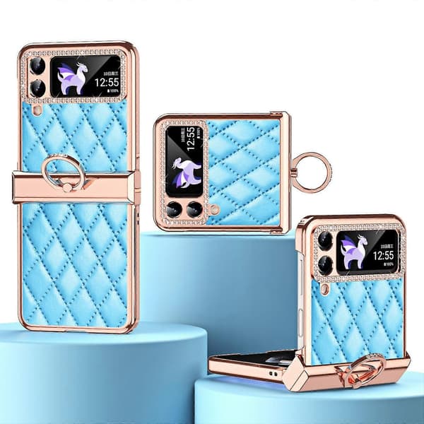 Plated Rhinestone Case Compatible with Samsung Galaxy Z Flip 4, PU Leather Case with Hinge Protection & Ring Holder