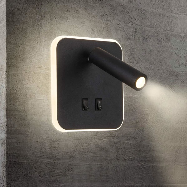 Nattbordslamper LED-vegglampe Innendørs hotellvegglys Sengekorridor Vegglampe med bryter Svart 3W+10W (kvadratisk)