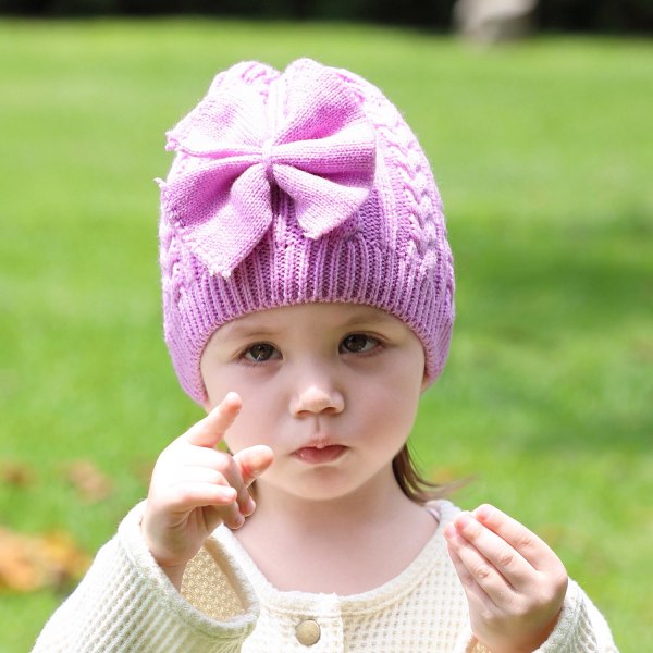 Varm strikket lue for barn ensfarget rund knute ulllue (lilla)