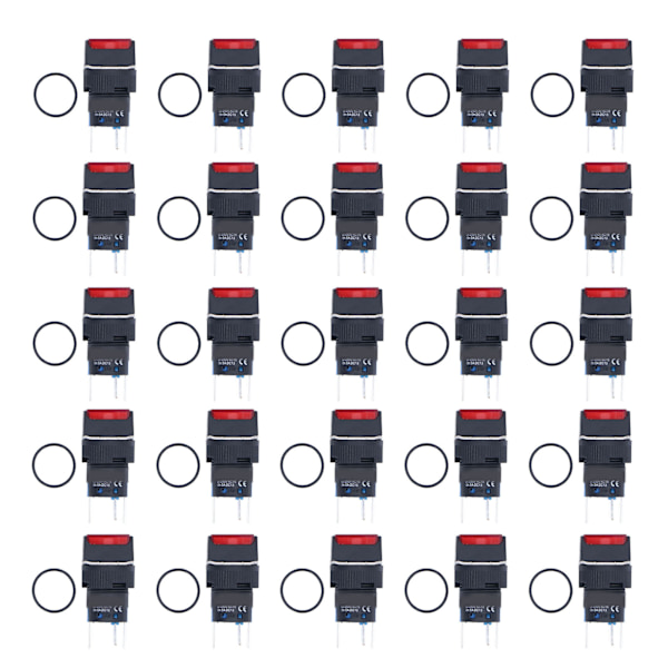 25 stk. trykknapskontakt Momentary Self Locking 16mm firkantet med lyssæt kit 12V rød