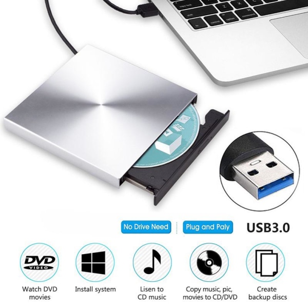 Extern CD/DVD-spelare USB 3.0 aluminiumlegering, Silver