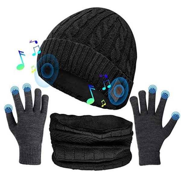3 i 1 Bluetooth 5.0 Musik Beanie Sæt Vinterhue Øreklap Hals Gaiter Tørklæde Handsker Fødselsdagsgave til Mænd Kvinder