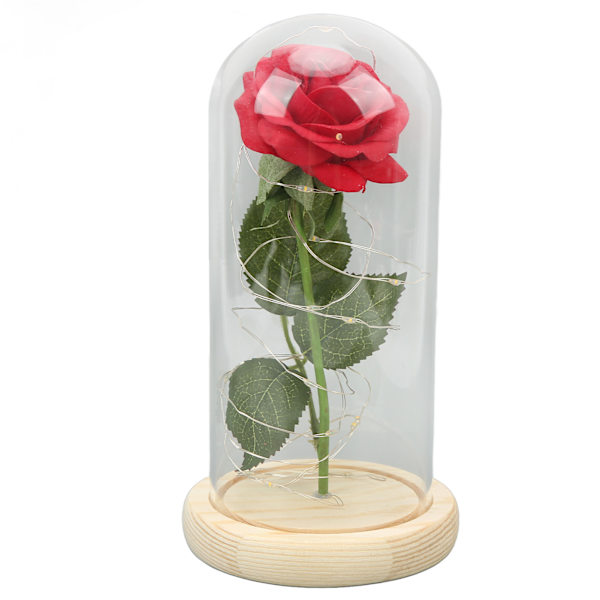 Ros i Glaskupa Lyckobringande Vacker Symbolism Romantisk Förtryllande Ros Romantiska Presenter med LED-Ljus för Alla Hjärtans Dag Grönt Blad Safflor