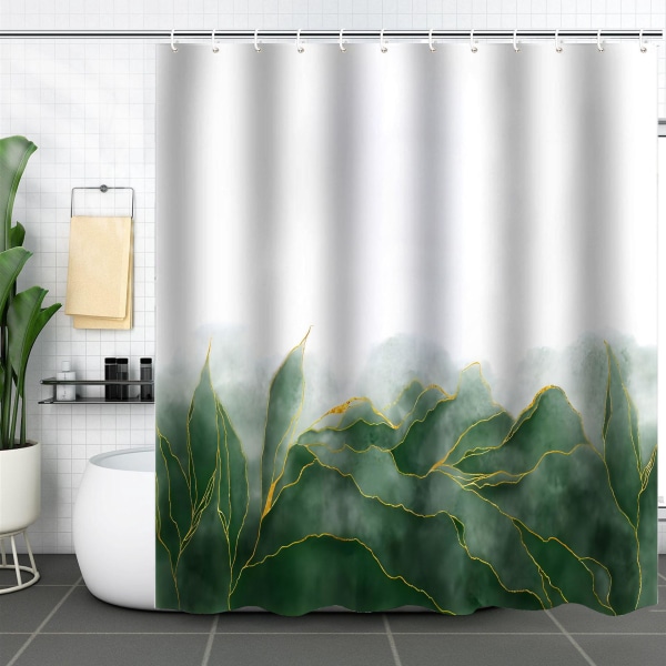 (Grønn 2#) Enkelt abstrakt bladmønster dusjforheng-180*180cm,, Dusjforheng av polyester i maskin med 12 kroker, Badekargardiner