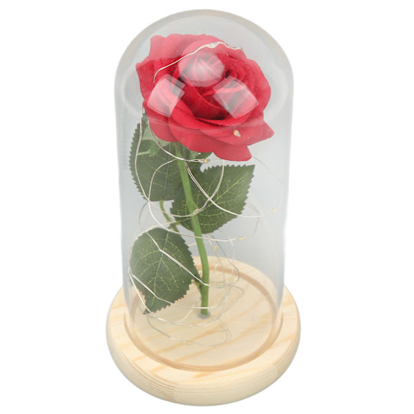 Ros i Glaskupa Lyckobringande Vacker Symbolism Romantisk Förtryllande Ros Romantiska Presenter med LED-Ljus för Alla Hjärtans Dag Grönt Blad Safflor