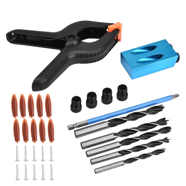 34 stk 15° Pocket Hole Drilling Kit Trebearbeiding Skråboreguidesett Positioner Locator Tool