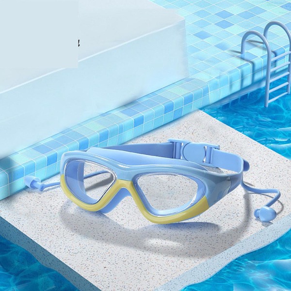 Børnesvømmebriller med integrerede ørepropper, stilfulde high-definition svømmebriller, anti-genskin, anti-dug svømmebriller blue-white