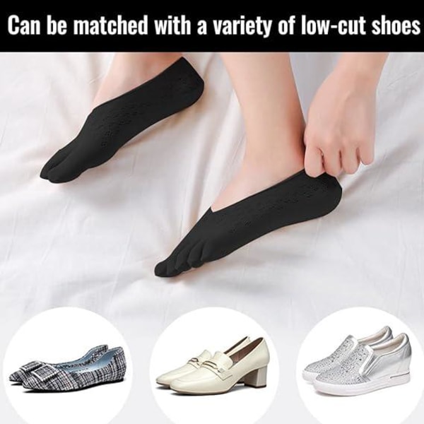 4 tåsokker (svarte), 5 sklisikre sokker med finger, forede lave sokker med delt tå usynlige sokker