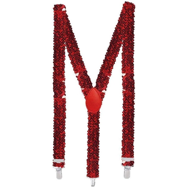 Paljetbukseseler - rød, total lengde 100 cm, med metallklemme, bukseholder, karneval, kostymetilbehør til temafest