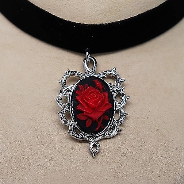 Röd Ros Gotisk Sammet Choker - Justerbar Storlek, Cosplay Smycken