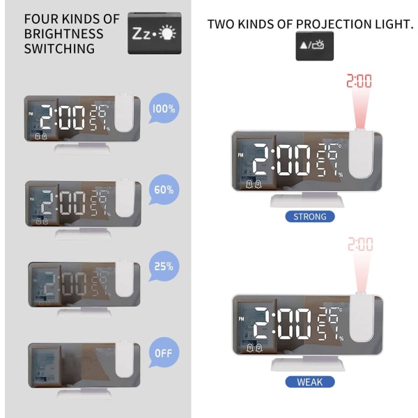 Projektorväckarklocka, klockradio med temperatur, luftfuktighet, 7,5 tums spegel LED-skärm, med automatisk dimfunktion, (vit)