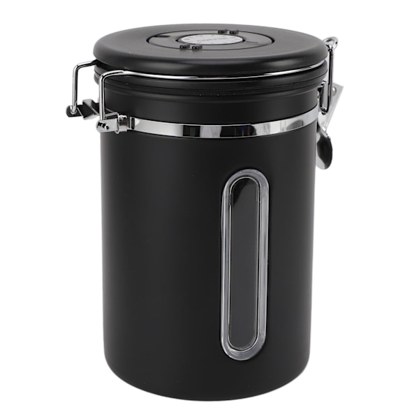 Kaffeboks 1800ml 304 Rustfritt Stål Vindusdesign Enveis Ventil med Skje Lufttett Kaffebeholder for Kaffebønner Matt Svart