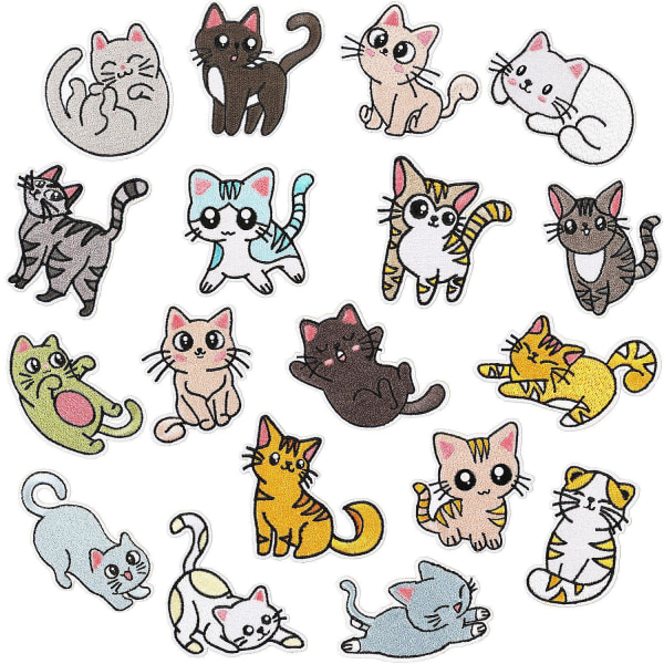 18 stykker tegneserie kitty påstrykningsbroderimerker for å sy merker på klær, ryggsekker, jeans, hatter og for reparasjon og dekorering