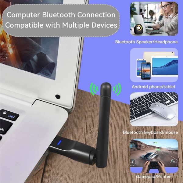 Long Range Bluetooth 5.1 USB -adapter med antenn för PC - Anslut mus, tangentbord, headset, högtalare, skrivare - Windows-kompatibel