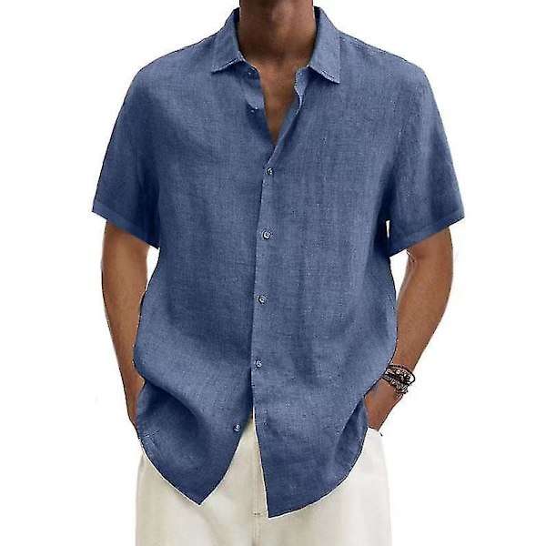 Summer Men's Cotton Linen Blouse: Turn Down Collar, Short Sleeve, Button Closure, Loose Fit, Oversized (S-5XL) XL blue