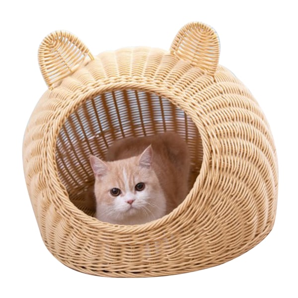 Kattenseng Søt Katteøre Imitert Rattan Håndvevd Pustende Alle Sesonger Vaskbar Halvlukket Kattehus for Innendørs 38x38cm / 15.0x15.0in Beige