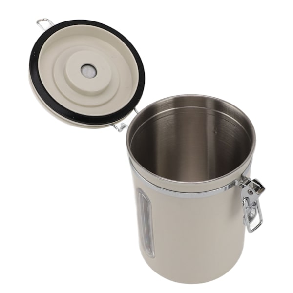 Kaffebehållare 1800ml 304 Rostfritt Stål Fönsterdesign Envägsventil med Sked Lufttät Kaffebehållare för Kaffebönor Beige