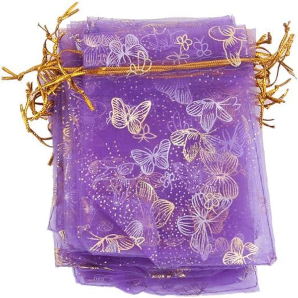 Ca. 100 organza-poser med snoretræk til bryllupsgaver, 9 x 12 cm (sommerfugletryk), lilla