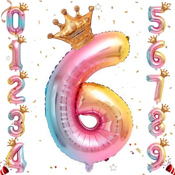 Nummer heliumfolieballon, 32 tommer regnbuenummerballoner med krone til fødselsdags-, fødselsdagsfestdekorationer (#6)