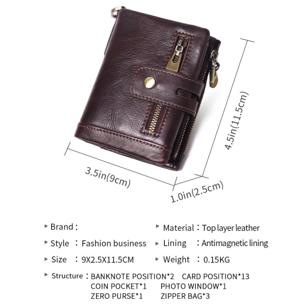 Herre lommebok RFID blokkert skinnlommebok (brun) med myntlomme med glidelås Kredittkortholder Anti-tyveri lommebok