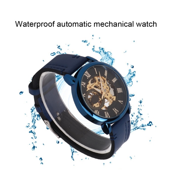Snygg vattentät automatisk mekanisk watch för män med PU-läderrem