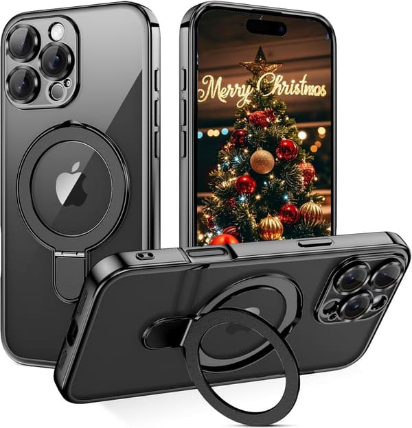 iPhone 16 Pro Cover, Justerbart Ringstativ Fuld Kamerlinsebeskyttelse Faldbeskyttelse Stødsikkert Cover, Sort