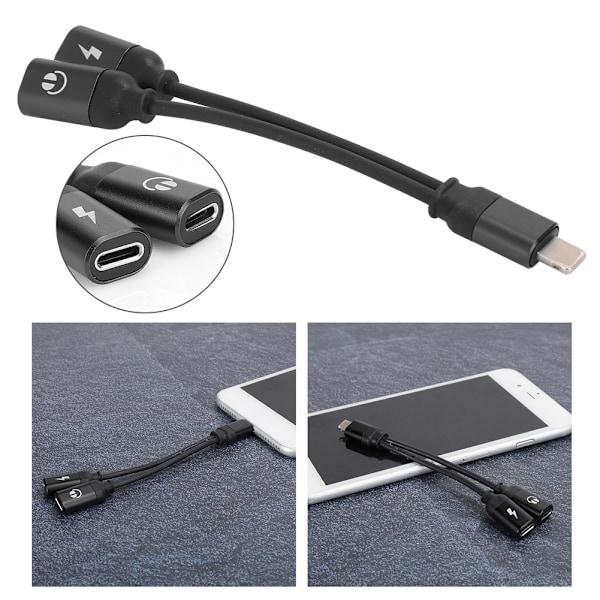 2 i 1 Hörlursladdare Adapter Aluminiumlegering Plug and Play Kabel Dubbel Hål för IOS Svart