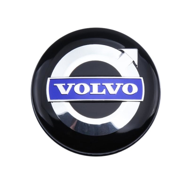 4 x Volvo lättmetallfälgar, centerkapslar, 64 mm, svart/blå, C70, S60, V60, V70, S80, XC90