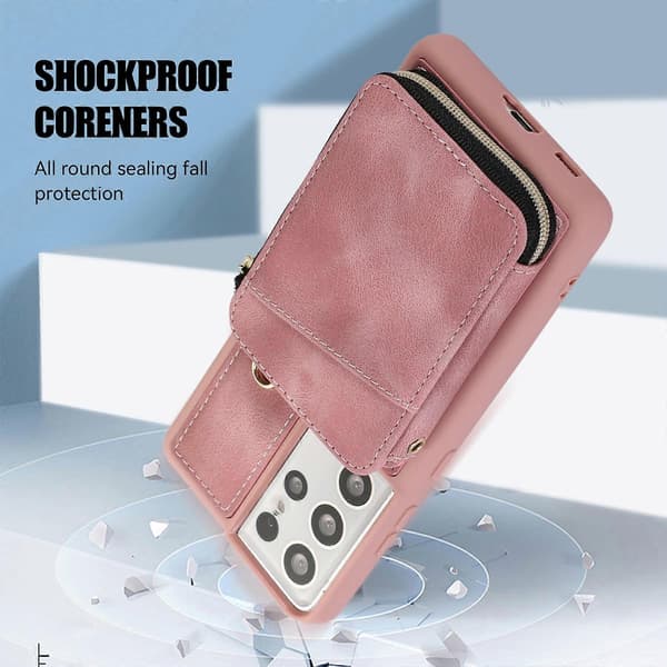 Case for Samsung Galaxy S23 Ultra, Zipper Leather Wallet Case, Pink