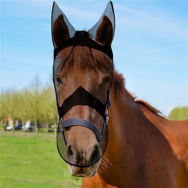 Black Horse Fly Mask med UV-beskyttelse for ører og nese (L)