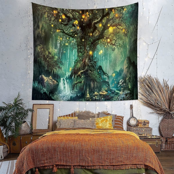 Psykedeelinen elämänpuu-seinäkuvio vesiputouksella ja keijuaiheella - Boheemi makuuhuoneen sisustus ja peitto