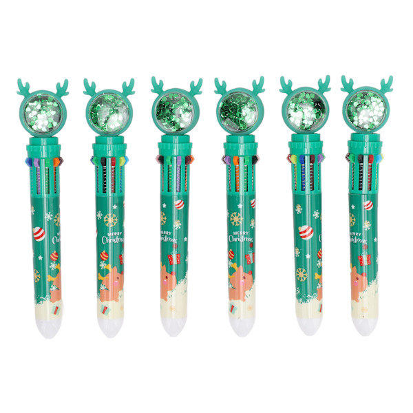 6Pcs Christmas Theme Ballpoint Pens 10 Color Cute Sequin Retractable Gift School Office Stationery Green Elk Pattern