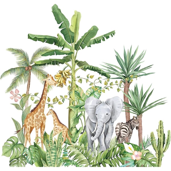 Tecknad tropisk regnskogsdjur Väggdekor - Avtagbara gröna växter Lion Giraffe Elephant Decals - DIY Väggdekoration - Fönsterdekorationer