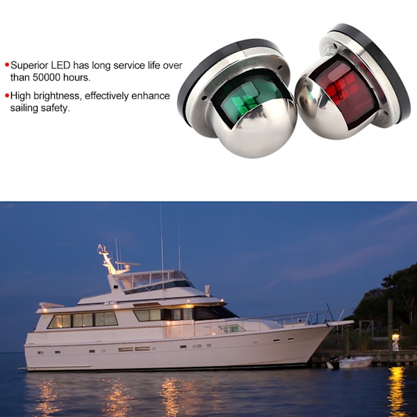 2 stk 12V Røde og Grønne LED Navigasjonslys i Rustfritt Stål for Seiling Båt Yacht