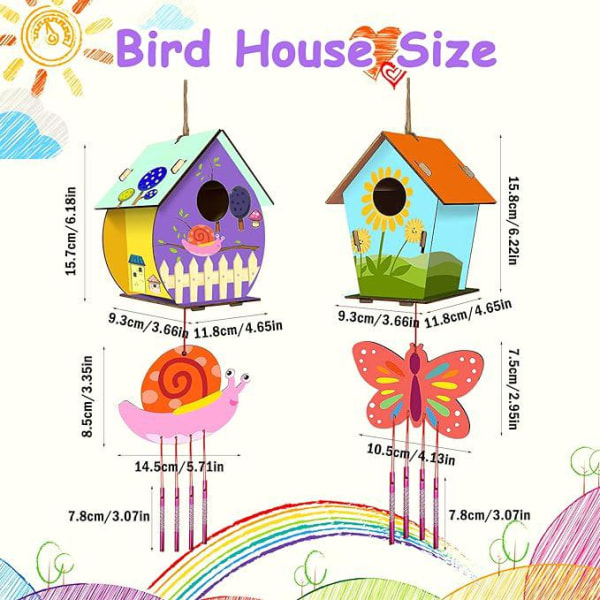 Fågelhussats för gör-det-själv, 2 uppsättningar oavslutade fågelhus i trä för målning, byggsats för fågelhus i trä med klockspel för barn och pojkar