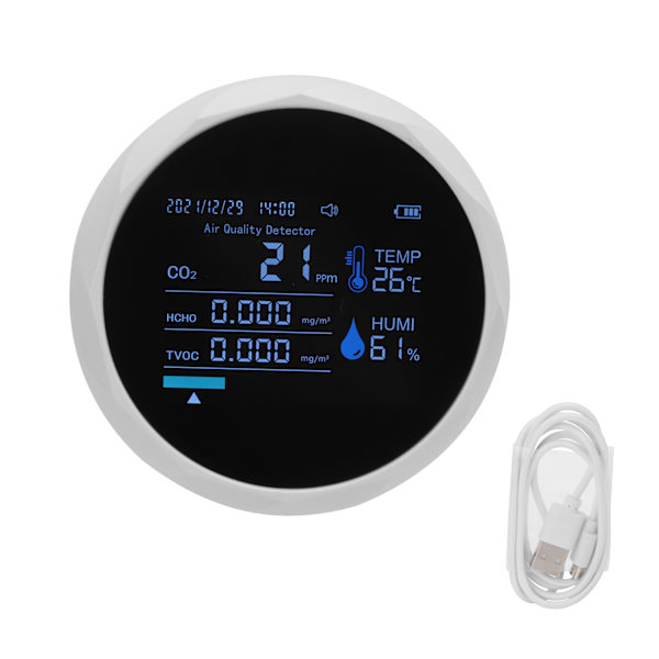 CO2-monitor 7 i 1 intelligent luftkvalitet temperatur fugtighed TVOC kuldioxiddetektor hvid