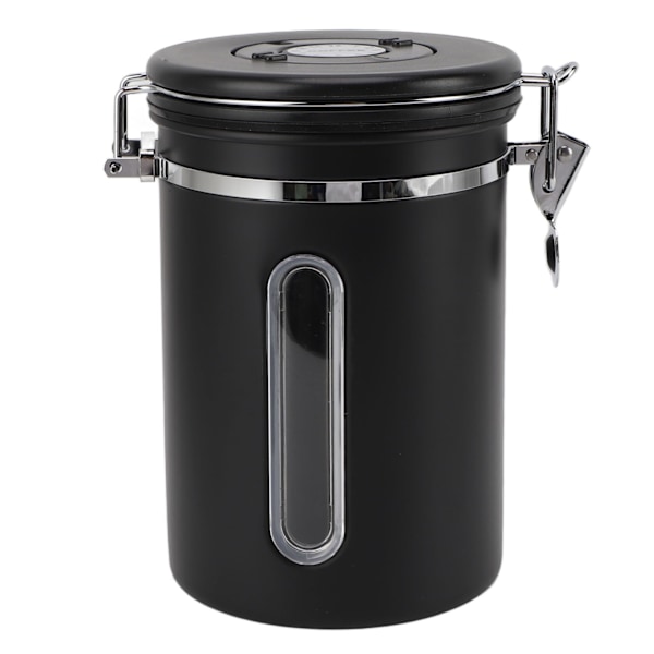 Kaffeboks 1800ml 304 Rustfritt Stål Vindusdesign Enveis Ventil med Skje Lufttett Kaffebeholder for Kaffebønner Matt Svart