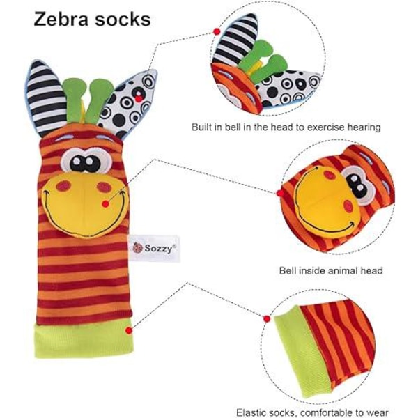 Håndleddssokk med rangle Baby Activity Toy Plysj Montessori Education for 0-6 måneder (2 stk håndledd og 2 stk sokker)