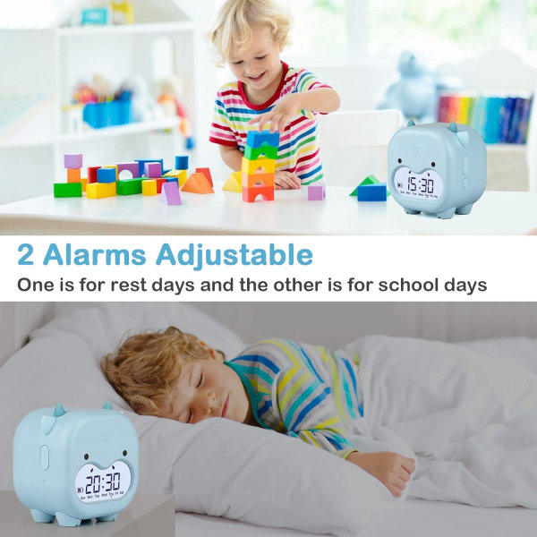 Lasten digitaalinen herätyskello yövalolla ja 6 hälytysäänellä, lämpötilakalenteri, kotikellon lisäksi
