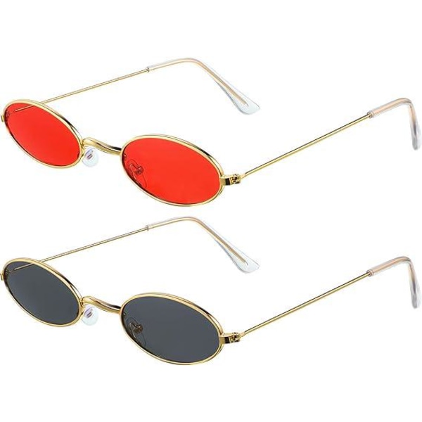 2 par små vintage ovala solglasögon - röd/grå lins och guldram ovala solglasögon Vintage snygga mini runda glasögon för kvinnor tjejer män