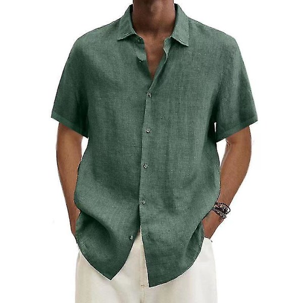 Summer Men's Cotton Linen Blouse - Loose Fit, Short Sleeve, Turn Down Collar, Buttoned, Oversized (S-5XL) L green